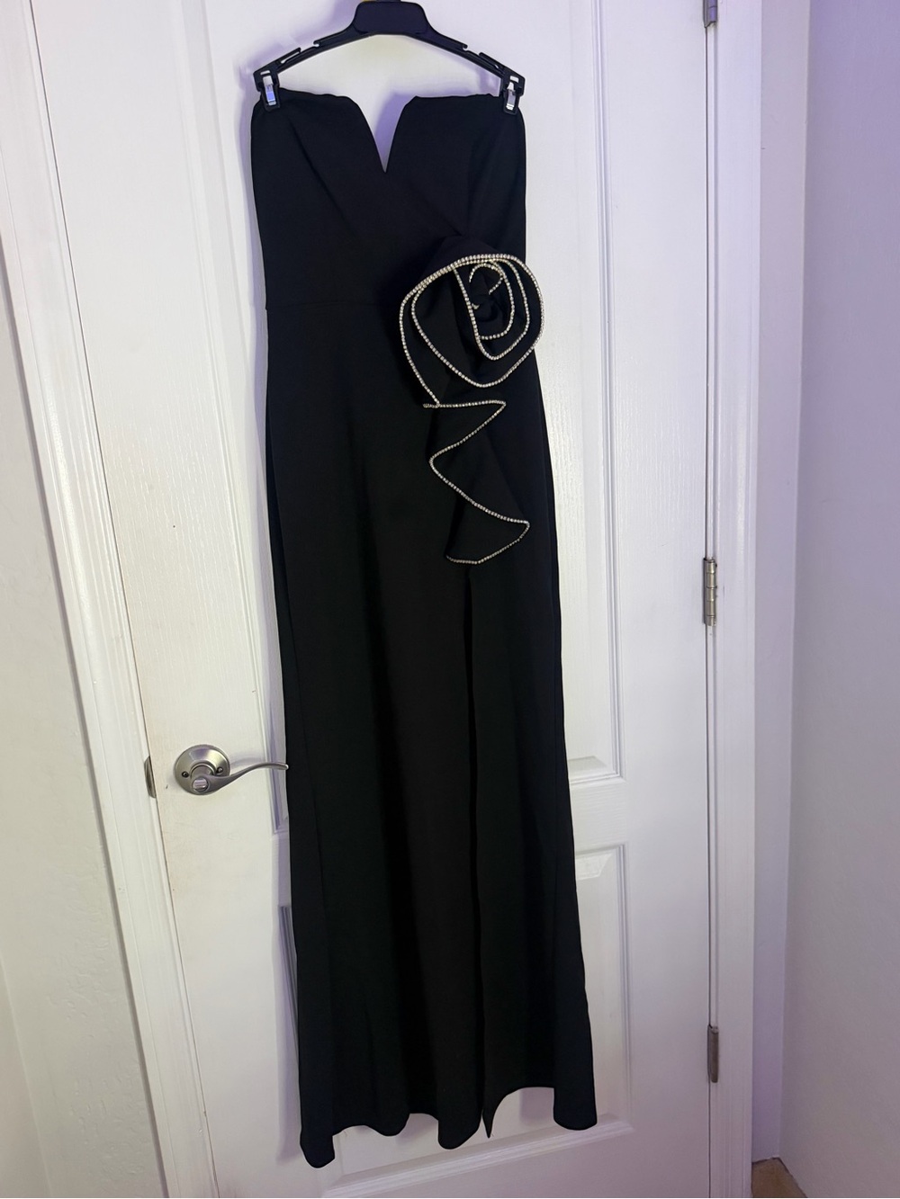 Strapless Black Evening Gown with Crystal-Trim Rosette
